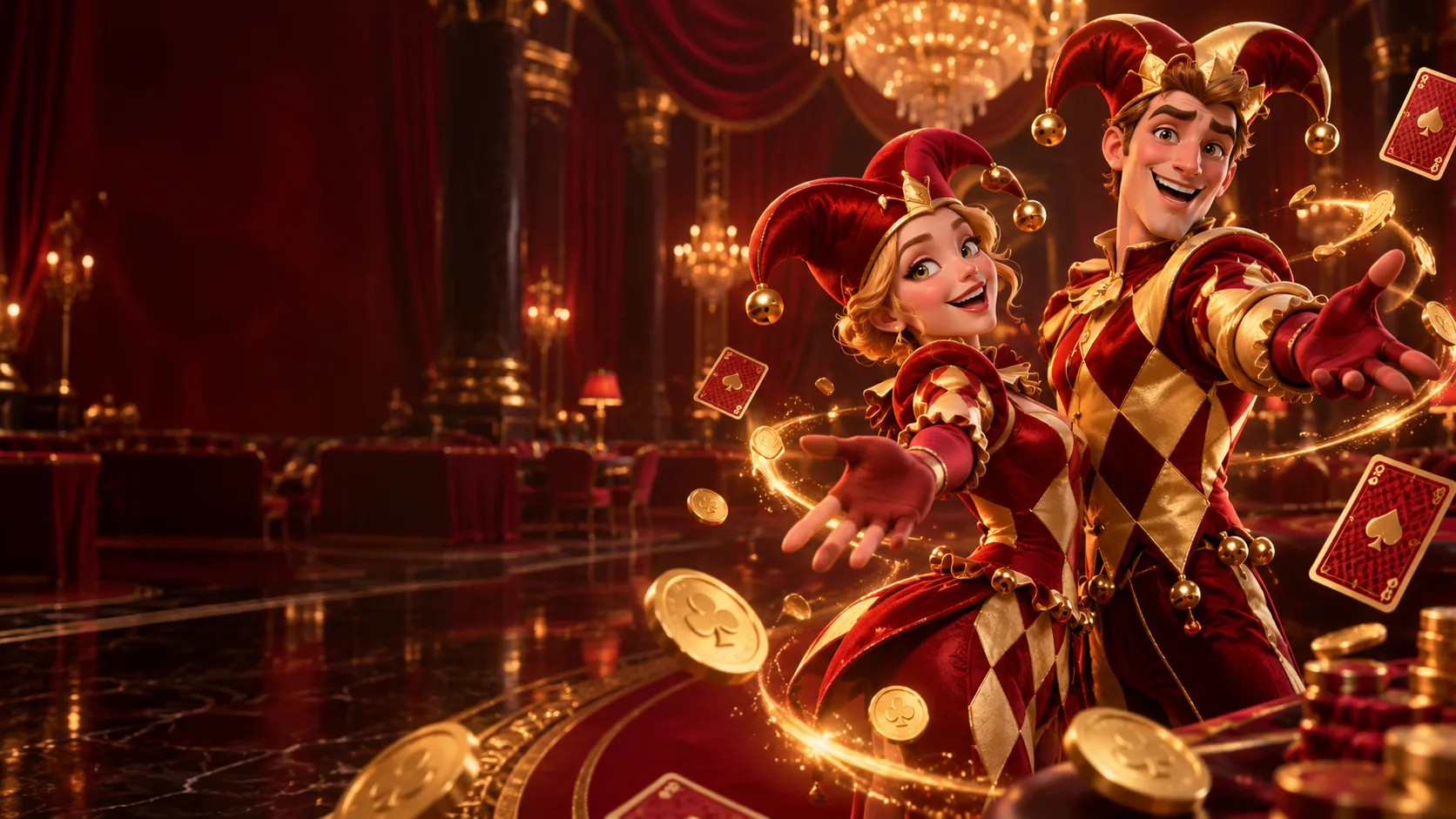 LolaJack Casino harlequin dealer with gold coins and playing cards